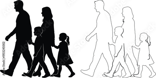 Family walking together in contrasting directions and postures