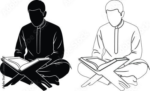 Two individuals engaged in quiet reading or studying in a traditional manner