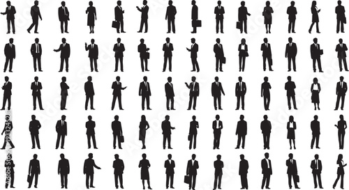 Large collection of black silhouettes featuring business professionals in various standing poses, office workers, cad drawing flat vector illustration, isolated.