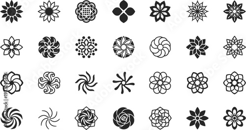 Mandala floral icons, geometric patterns, abstract symmetry, pinwheel shapes, decorative design, black white line art, ornamental motifs, artistic inspiration, intricate symmetrical icons set