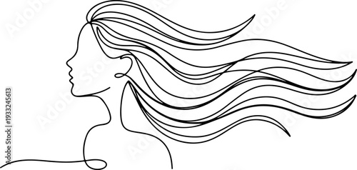 A woman with flowing hair is depicted in a simple line drawing, viewed from the side, showcasing her profile and elegant hairstyle.