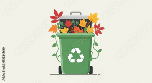 Green recycling bin overflowing with colorful autumn leaves on transparent background