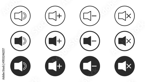 Volume speaker audio control circle button icon set with plus minus and mute symbols vector illustration isolated on transparent background