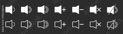 Audio sound volume speaker control icon pack in outline and glyph style vector illustration