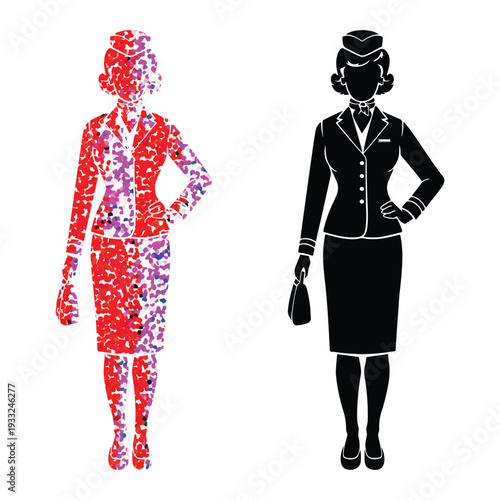 Stewardess silhouette vector set with grunge texture
