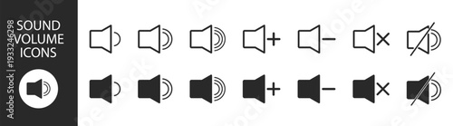 Speaker volume sound audio icon collection in flat solid and outline style vector illustration isolated on transparent background