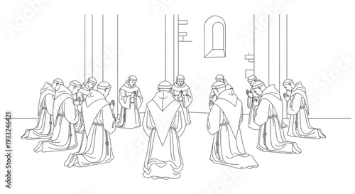 Monks in robes gathered in a monastery silhouette on transparent background