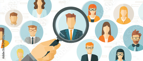Ilustração de seleção profissional com lupa destacando candidato ideal em processo de recrutamento e gestão de talentos.