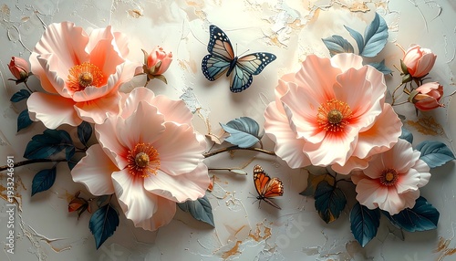 A delicate floral arrangement features large, pale pink blossoms, small buds, teal leaves, and two butterflies against a marble-like background