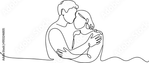 Man and woman embracing tenderly in a serene landscape with gentle waves