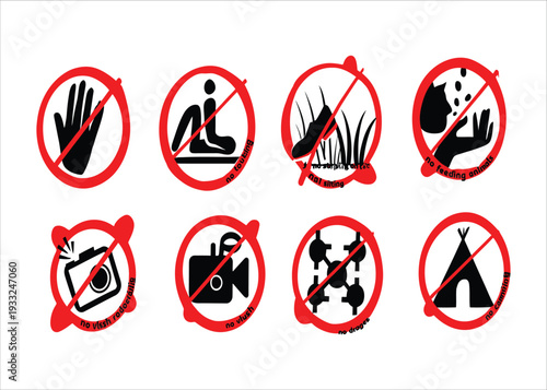 Collection of eight prohibition signs indicating actions not allowed, such as touching, sitting, walking on grass, discarding, taking photos, filming, and setting up tents