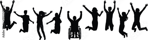Black silhouette collection of diverse people and a person in a wheelchair jumping and cheering for success happiness inclusivity and active community lifestyle concepts.