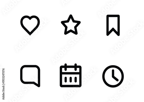 Collection of six universal icons representing actions like liking, favoriting, bookmarking, commenting, scheduling, and time management