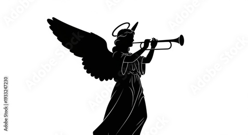 Angel silhouette playing trumpet on transparent background with wings and halo