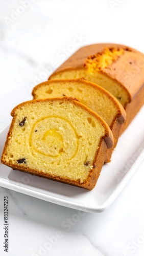 Sliced loaf cake with a spiral filling sits on a white plate on a marble surface