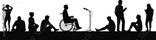Black silhouette collection of diverse people sitting and standing with a speaker in a wheelchair for disability inclusion public speaking and accessible community education.