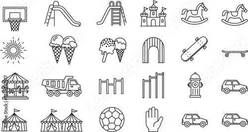 Set of playground and childhood icons including slide, swing, carousel, ice cream, skateboard, car, and tent, cad drawing flat vector illustration.
