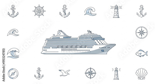 Cruise ship illustration with nautical elements around it on white background.