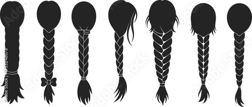Braided hairstyle silhouettes collection, long plait hair vector set, black female braid styles isolated on white background illustration