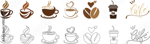 Coffee cup icon. Set of vector cups with coffee. Coffee cup logo.Coffee related icons: thin vector icon set, black and white kit.Coffee icon collection - vector outline illustration and silhouette.