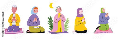 Colorful illustration set of Muslim men and women praying during Ramadan with prayer mats