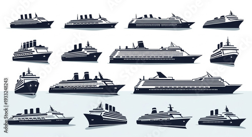 Collection of various cruise ships in black and white, side view, vector illustration.