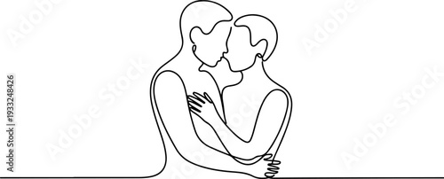Couple embracing each other in a tender moment, continuous line drawing