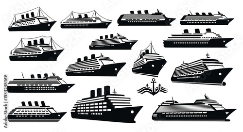 Collection of various cruise ships and vessels in black and white silhouette.