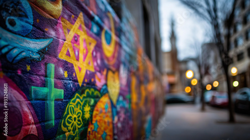 Vibrant mural depicting peaceful coexistence of multiple religions with symbols including cross, crescent, sacred syllable, and six-pointed star intertwined in colorful harmony,