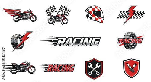 Collection of racing motorcycle logos and emblems for speed and competition.