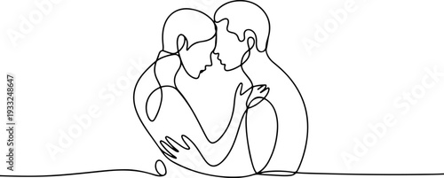 Continuous line drawing of two people embracing and kissing, simple illustration, minimalistic art, romantic scene, love story