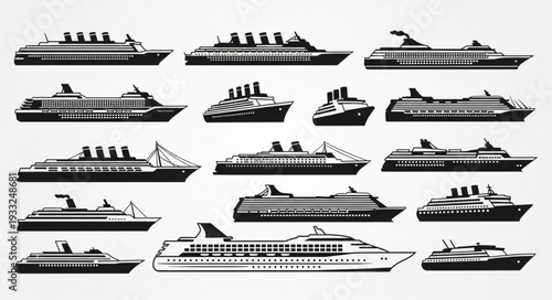 Collection of various cruise ships and passenger vessels in silhouette form.