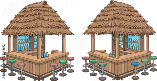 Set of tropical beach bar huts with thatched roofs, wooden counters, colorful stools, bottles, cad drawing flat vector illustration, isolated.