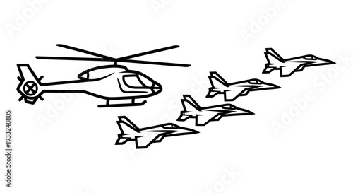 Military helicopter leading formation of fighter jets in flight