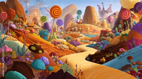 Fantastical landscape features winding path through hills made of confectionery elements