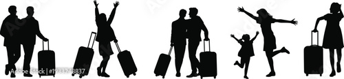 Black silhouette collection of happy couples and families with rolling luggage cheering and walking for global tourism airport transit and successful holiday journey concepts.