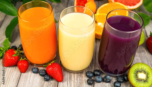 Colorful Fresh Fruit Juices and Berries on Rustic Wood