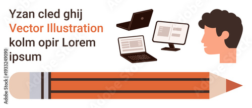 Digital design, education tools, creativity, workspace setup, graphic storytelling, communication. Display with computers, pencil and profile head. Digital design and education tools theme