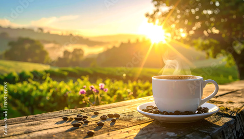 Serene Morning Coffee with Golden Sunrise View