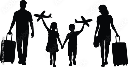 Black silhouette of a happy family with young children carrying toy airplanes and rolling luggage for global travel vacation aviation and successful holiday journey concepts.