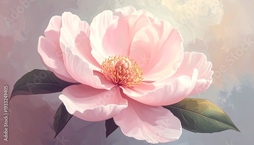 A delicate peony blossom in soft pink, detailed stamens, surrounded by painterly, light-colored brushstrokes, and deep green leaves