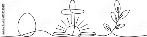 A minimalist line drawing of an egg, sunrise, and sprouting plant in a serene landscape view