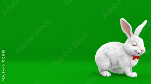 Expressive 3D White Rabbit Character with Red Bow Tie Dynamically Posing and Hopping on Green Screen