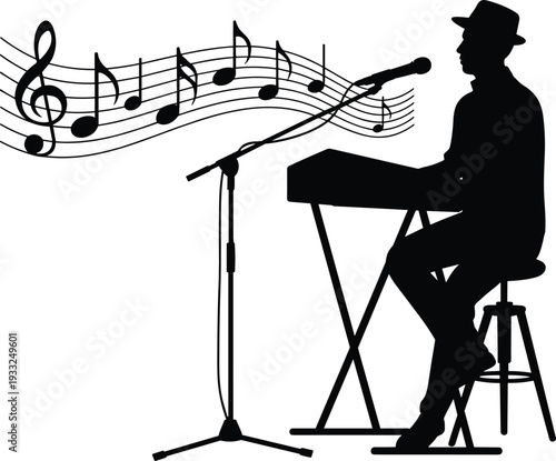 Black silhouette of a male musician playing electric keyboard and singing into a microphone for live jazz performance entertainment concert and creative musical concepts.