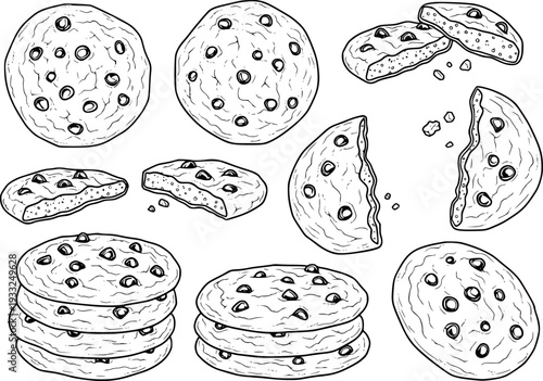 Hand Drawn Chocolate Chip Cookies Collection Isolated White Background Sweet Food