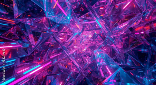 Vibrant neon lit shattered glass fragments in pink and blue hues