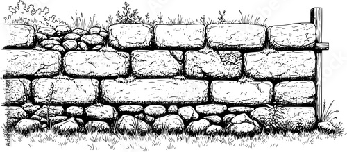 Hand Drawn Stone Wall With Grass And Bush Isolated White Background rock masonry