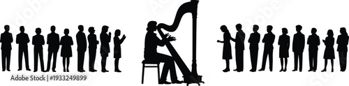 Black silhouette of a musician playing a classical harp for a standing professional audience for live musical entertainment formal events and creative performance concepts.
