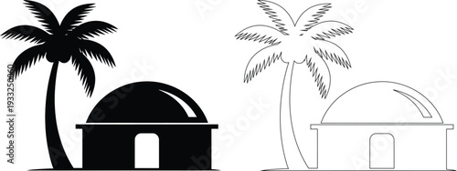 Contrast between traditional and modern poolside palm tree huts with unique designs