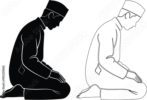 Two individuals performing different stages of the sujud position in islamic prayer.